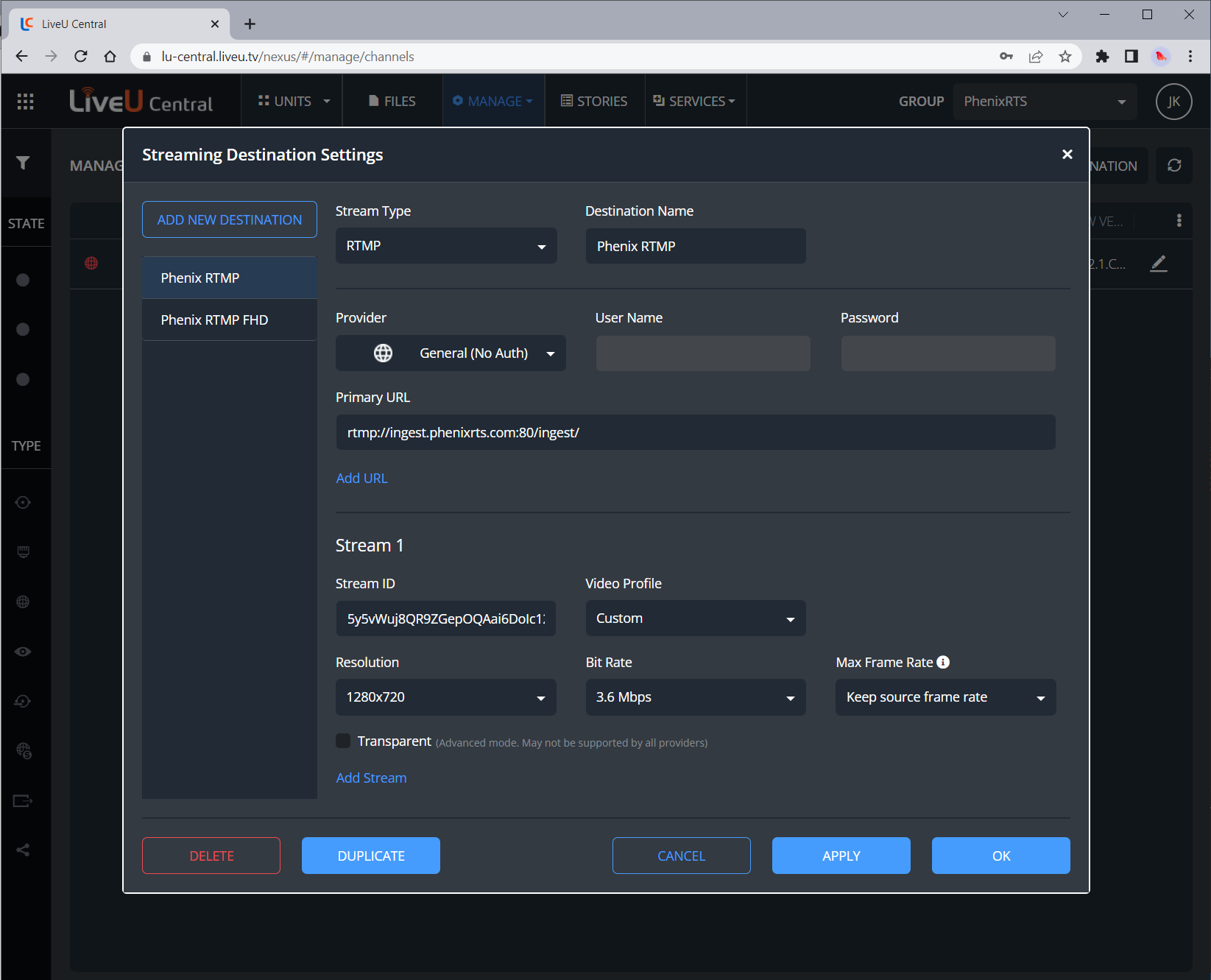 Liveu streaming settings