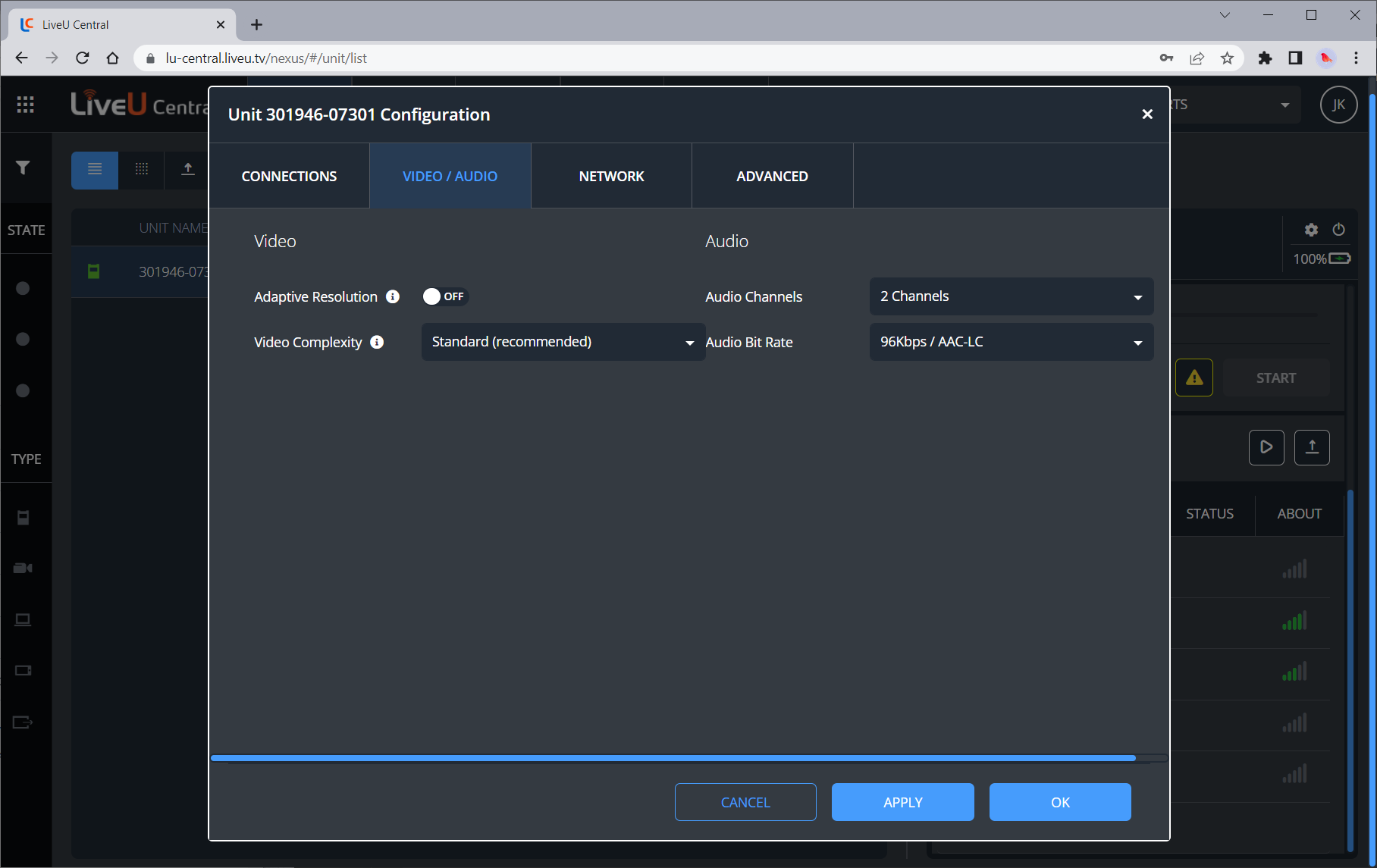 Liveu streaming settings