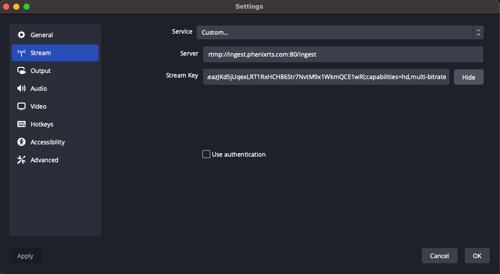 OBS stream key and capabilities